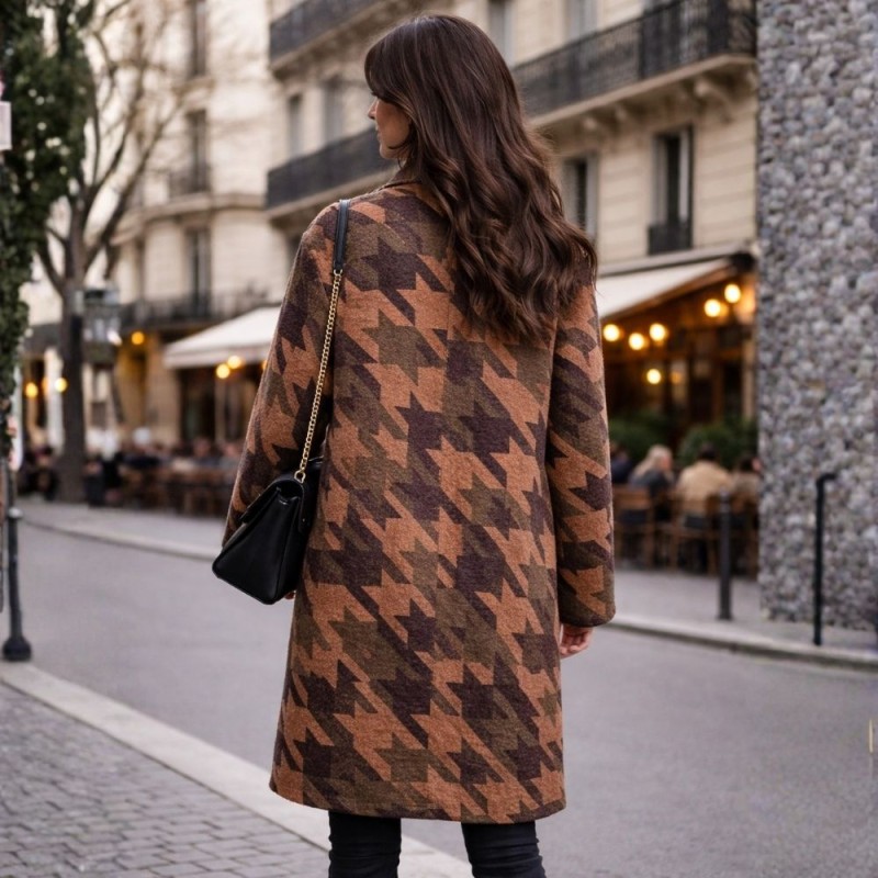 Płaszcz damski w pepitę brązowo-khaki oversize włoski styl Uni