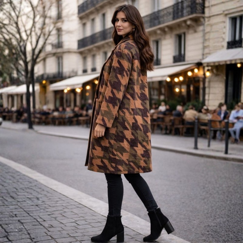 Płaszcz damski w pepitę brązowo-khaki oversize włoski styl Uni