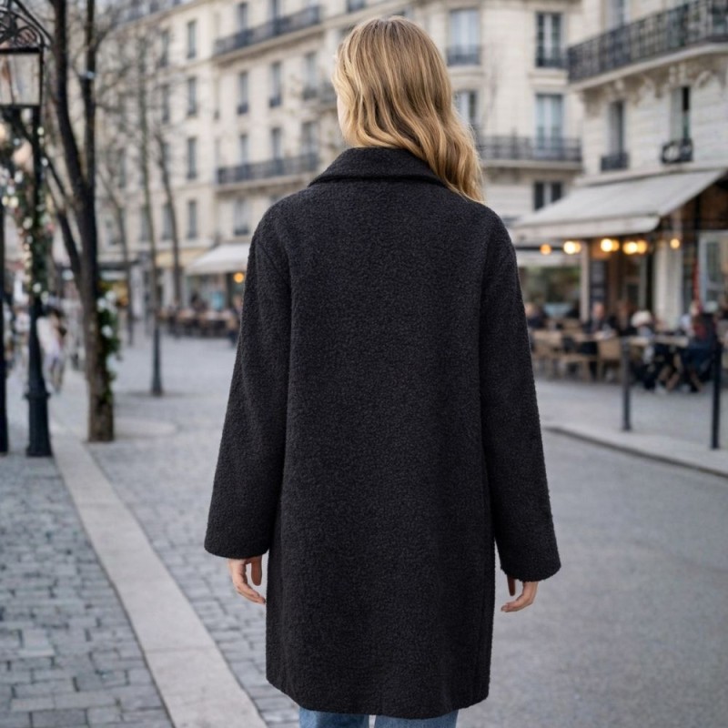 Płaszcz damski czarny baranek Włoski oversize ciepły kieszenie Uni