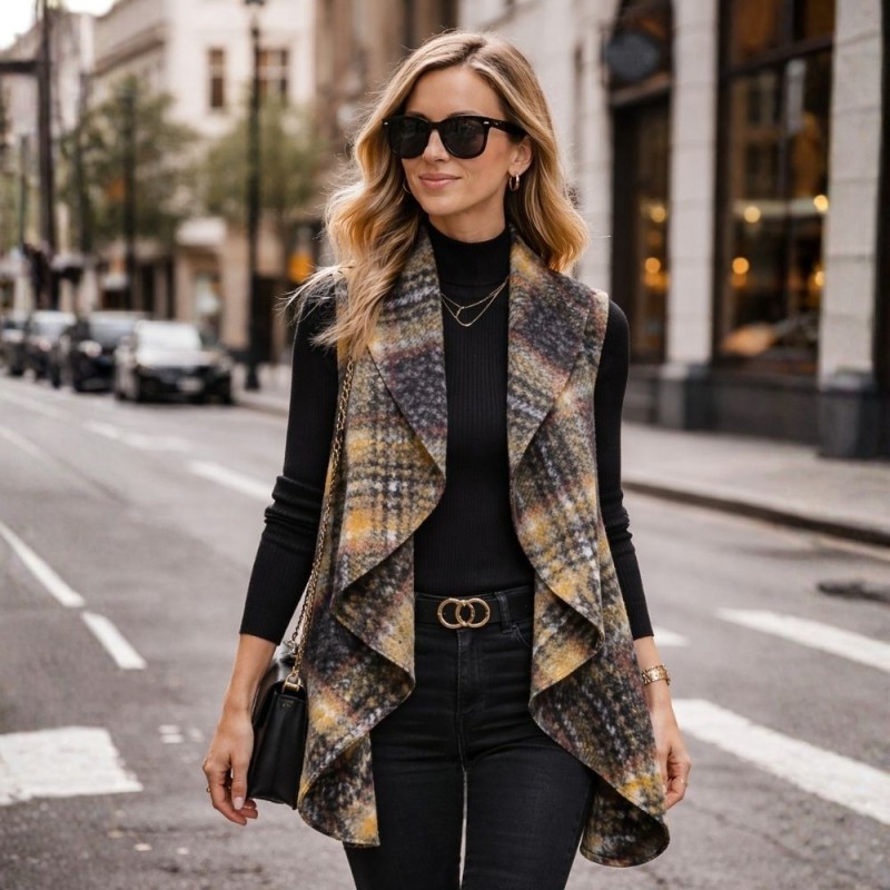 Kamizelka narzutka damska długa w kratę ciepła bez rękawów jesień Uni