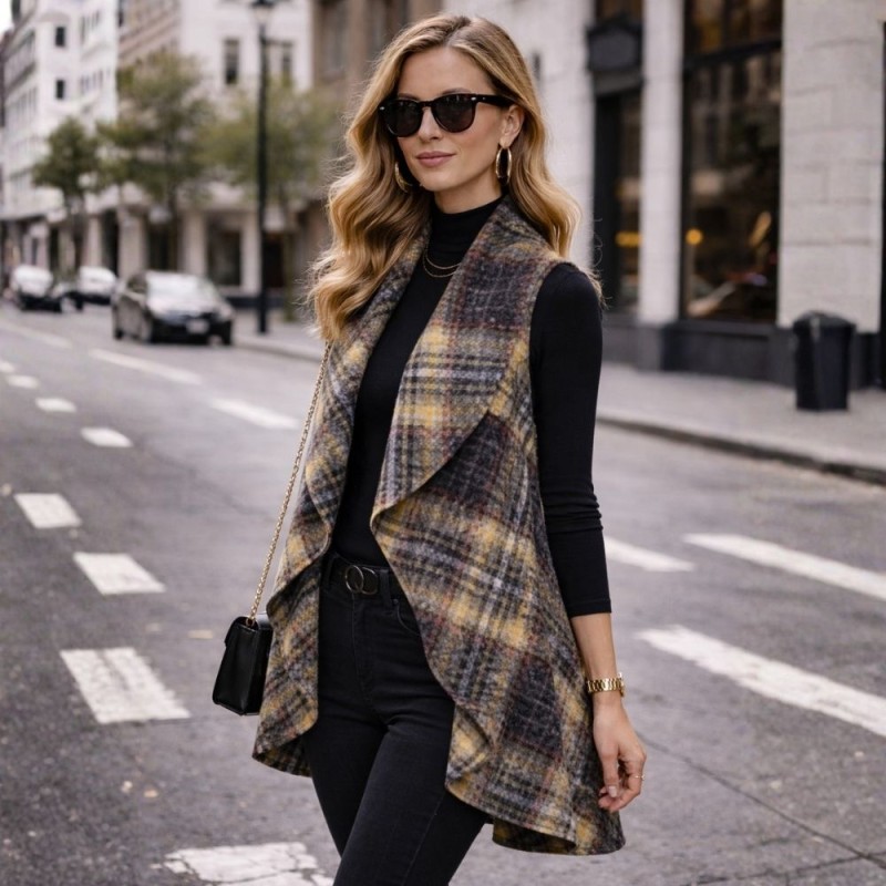 Kamizelka narzutka damska długa w kratę ciepła bez rękawów jesień Uni