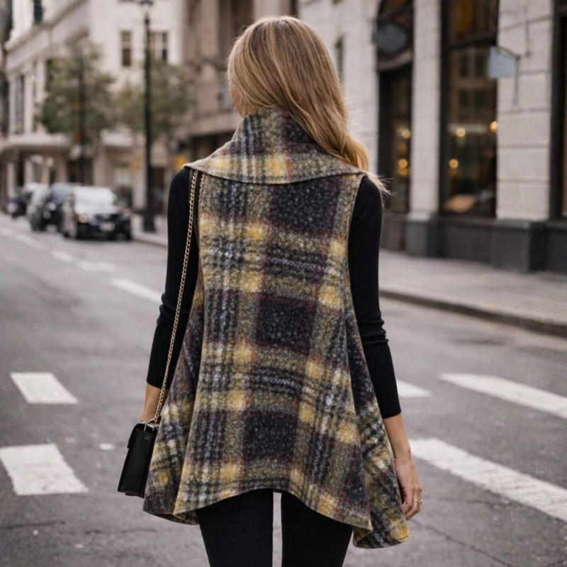 Kamizelka narzutka damska długa w kratę ciepła bez rękawów jesień Uni