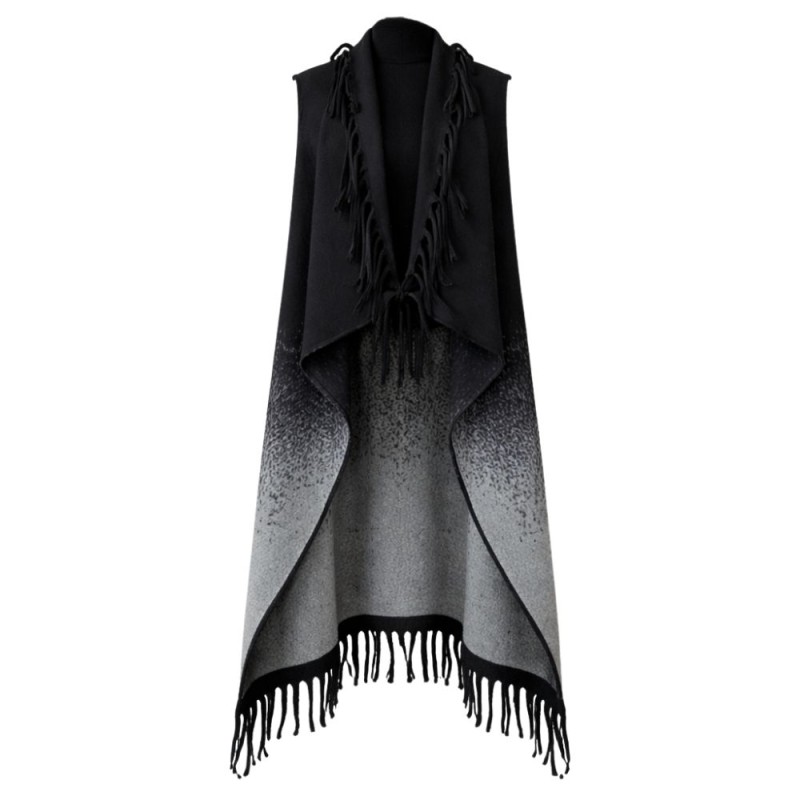 Kamizelka narzutka damska długa czarno szara ombre frędzle boho One Size