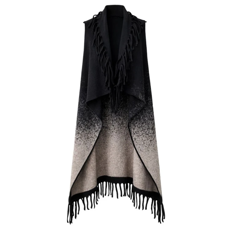 Kamizelka narzutka damska długa czarno beżowa ombre frędzle boho One Size
