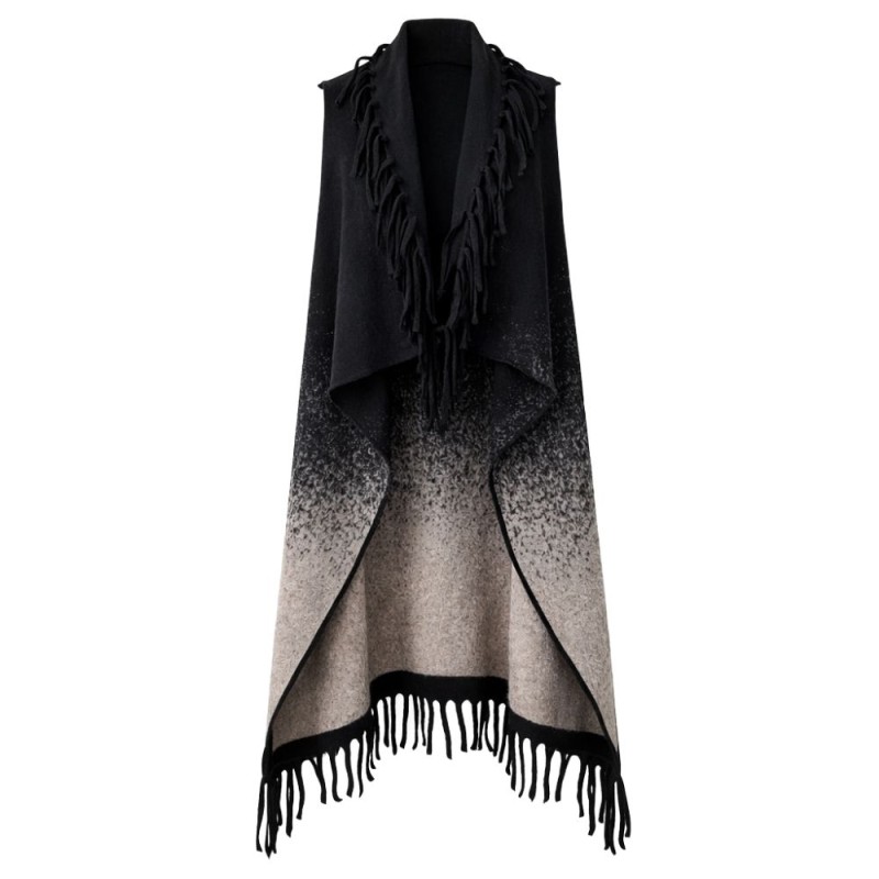 Kamizelka narzutka damska długa czarno beżowa ombre frędzle boho One Size