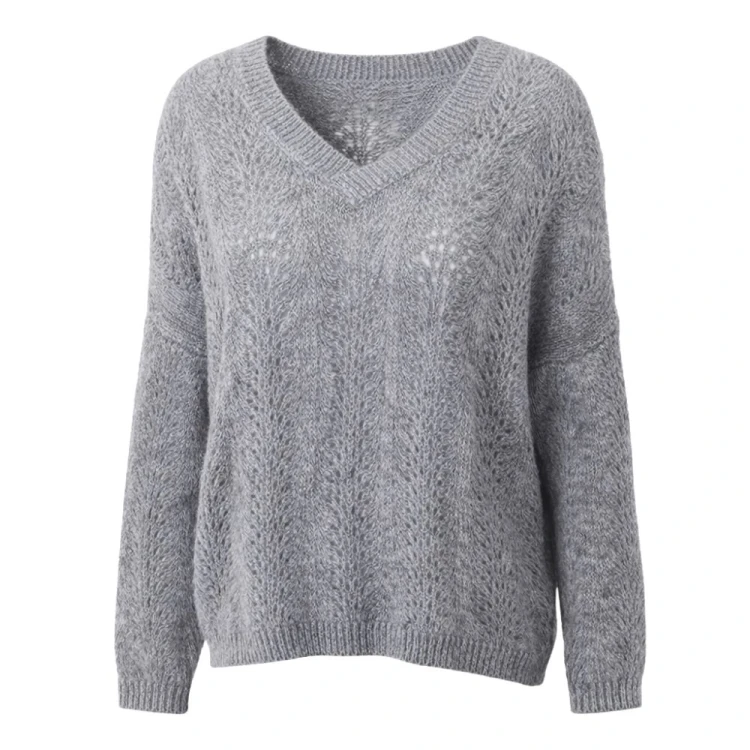 Sweter damski Włoski szary ażurowy dekolt V oversize