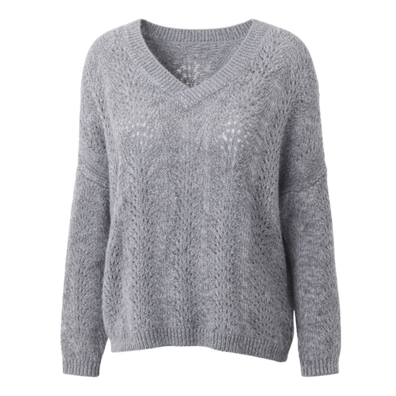 Sweter damski Włoski szary ażurowy dekolt V oversize
