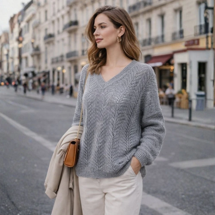 Sweter damski Włoski szary ażurowy dekolt V oversize