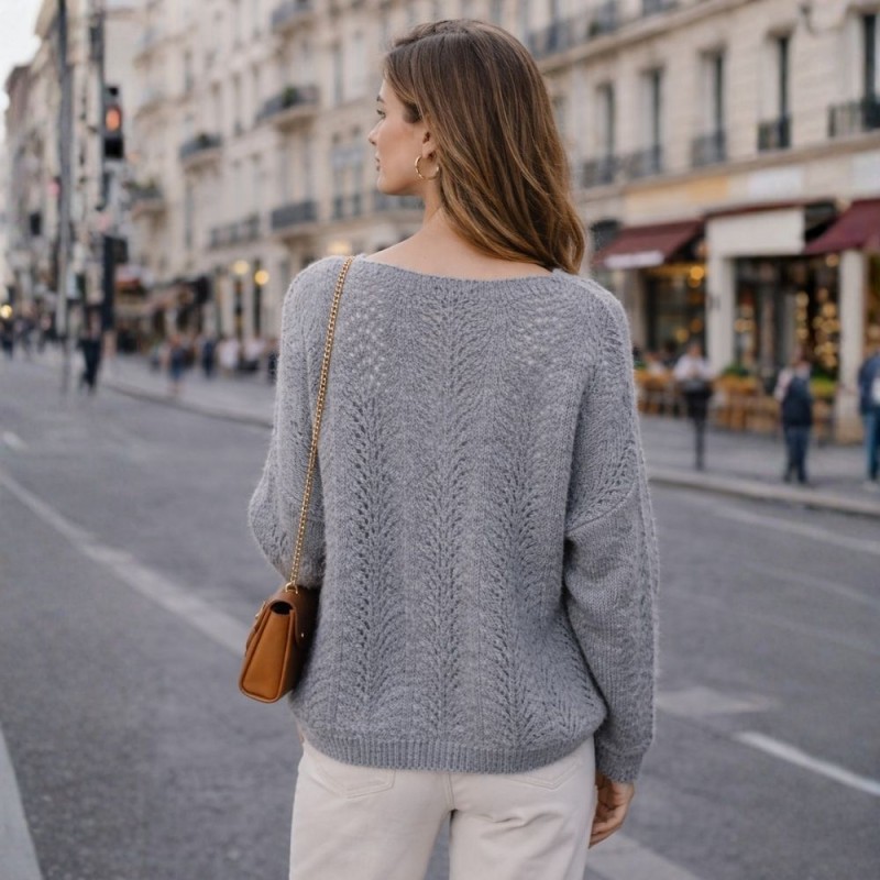 Sweter damski Włoski szary ażurowy dekolt V oversize
