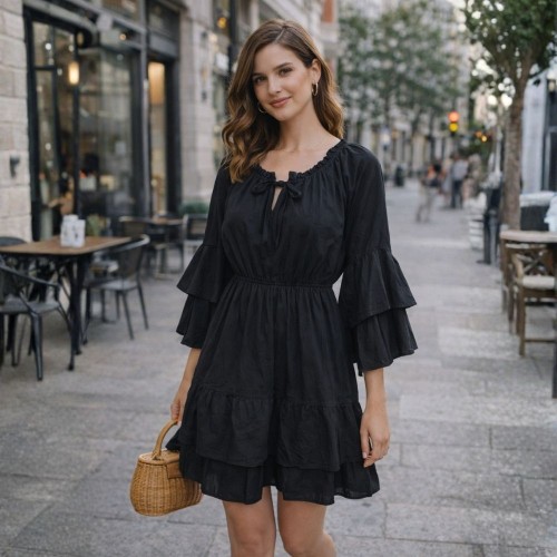 Sukienka Damska Czarna Boho Falbany Made in Italy Uniwersalna