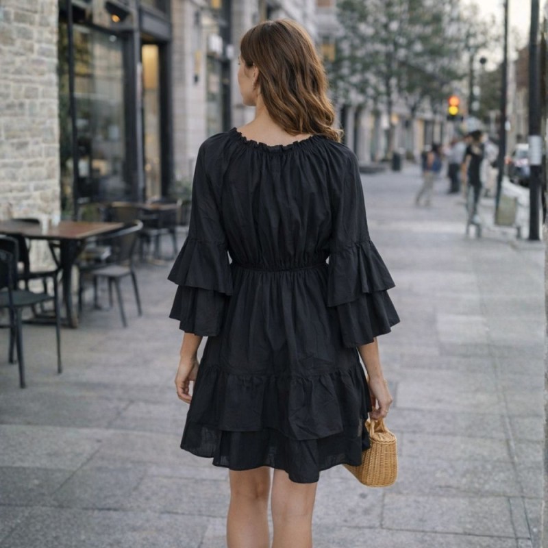 Sukienka Damska Czarna Boho Falbany Made in Italy Uniwersalna