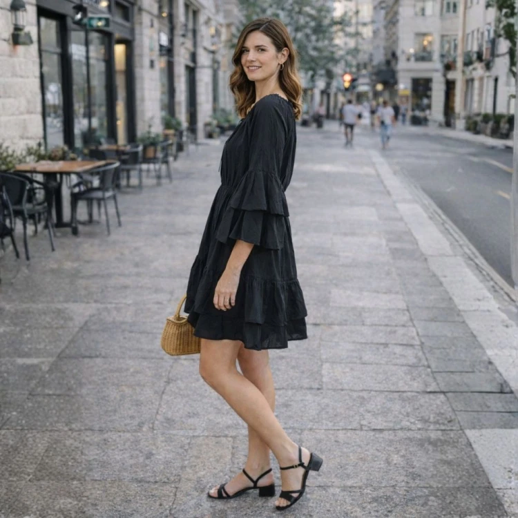 Sukienka Damska Czarna Boho Falbany Made in Italy Uniwersalna