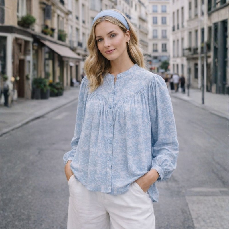 Bluzka damska Włoska boho błękitna wzór bufiaste rękawy guziki Uni