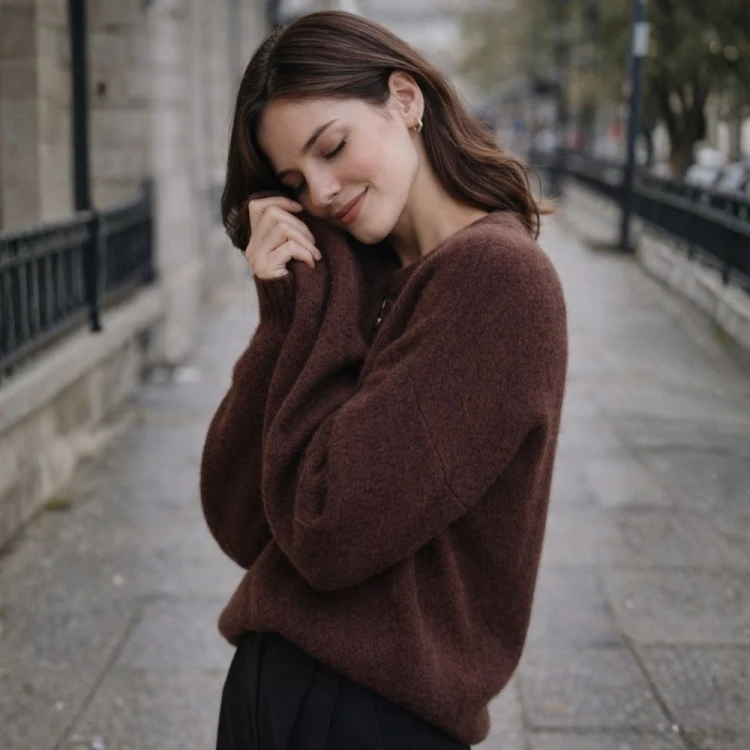 Sweter damski Włoski brązowy guziki miękki klasyczny L/XL