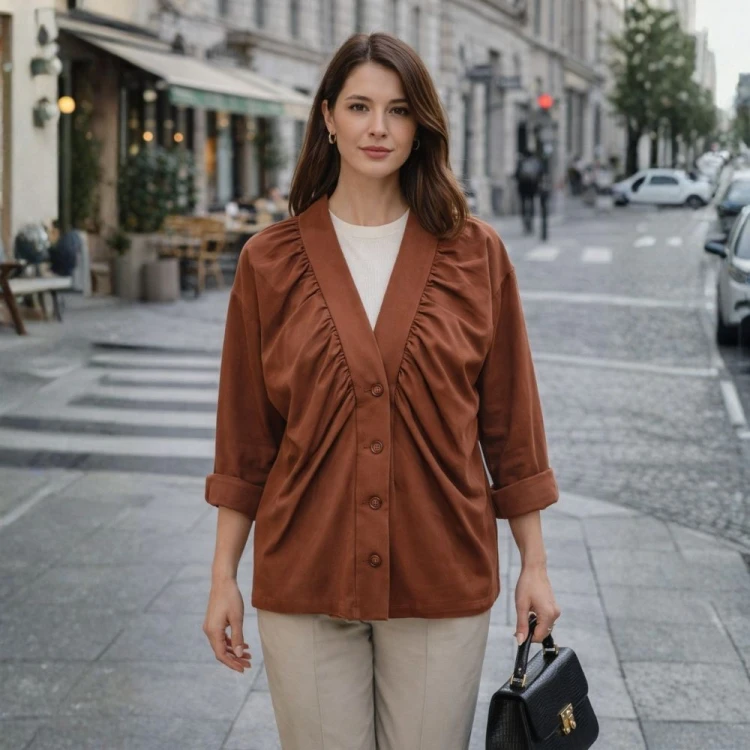 Narzutka bluzka damska z marszczeniem brązowa elegancka casual Uni