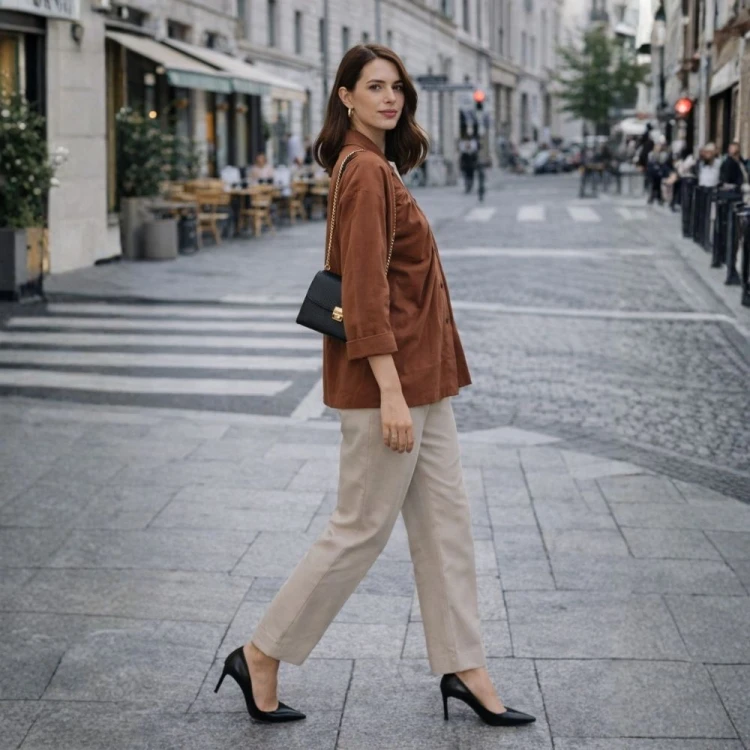 Narzutka bluzka damska z marszczeniem brązowa elegancka casual Uni
