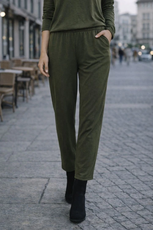 Spodnie damskie khaki Miękki dzianinowy materiał Włoskie Komfort one size