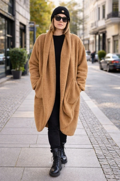 Płaszcz damski TEDDY camel bukla oversize ciepły made in Italy