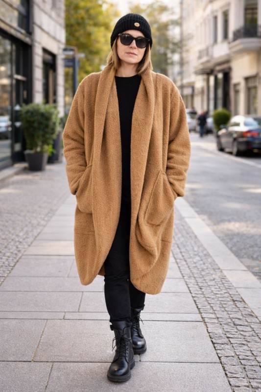 Płaszcz damski TEDDY camel bukla oversize ciepły made in Italy