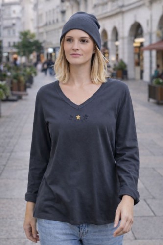 Bluzka Damska bawełniana grafitowa v-neck gwiazdki Włoska Uni