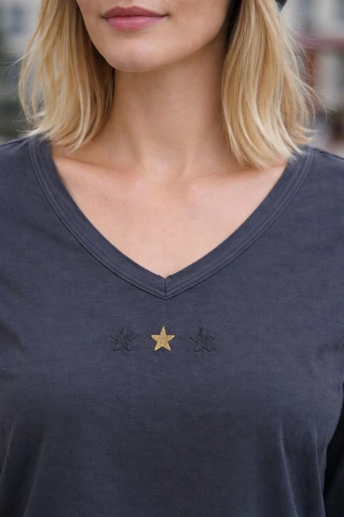 Bluzka Damska bawełniana grafitowa v-neck gwiazdki Włoska Uni