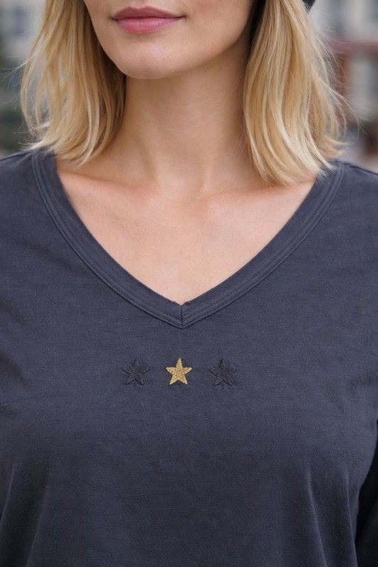 Bluzka Damska bawełniana grafitowa v-neck gwiazdki Włoska Uni