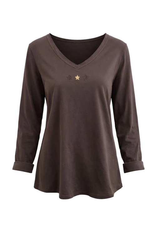 Bluzka Damska bawełniana brązowa v-neck gwiazdki Włoska Uni