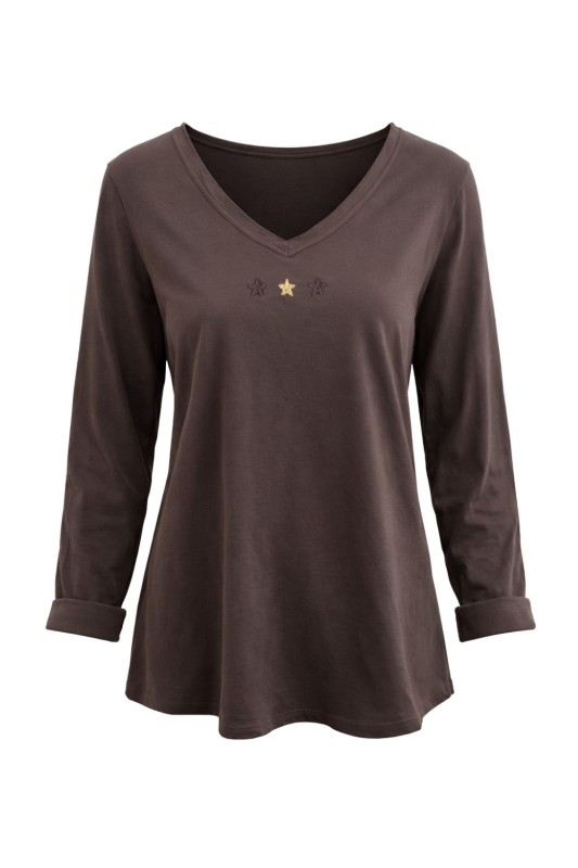 Bluzka Damska bawełniana brązowa v-neck gwiazdki Włoska Uni