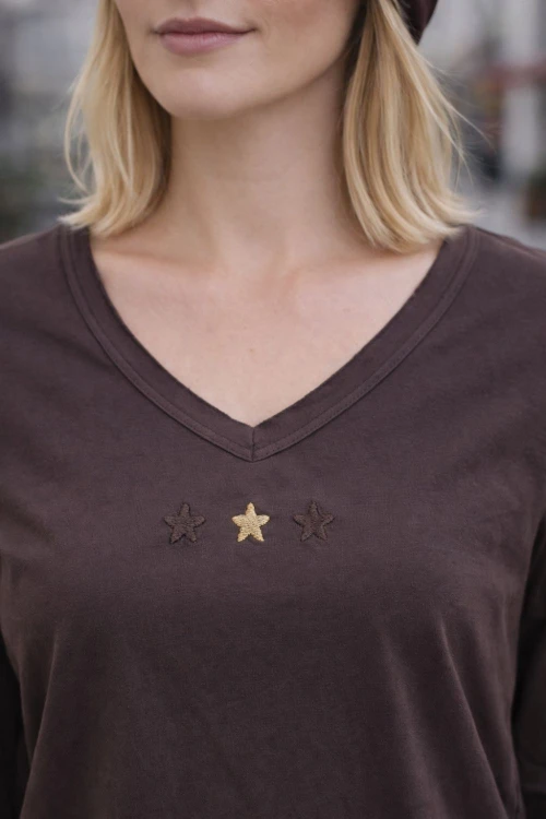 Bluzka Damska bawełniana brązowa v-neck gwiazdki Włoska Uni