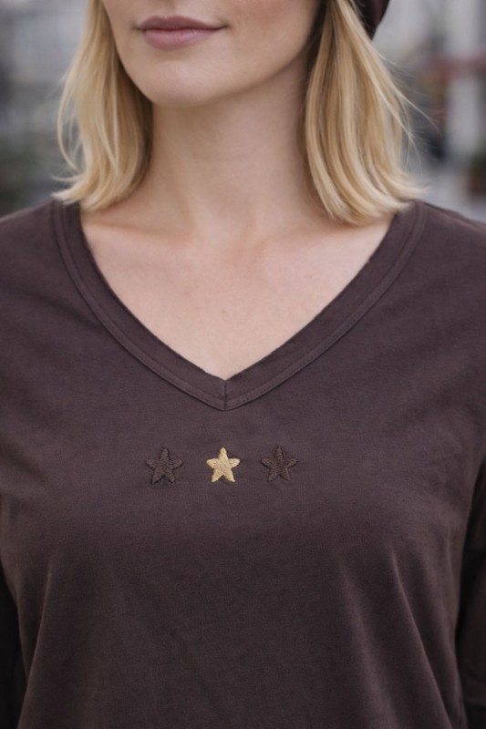 Bluzka Damska bawełniana brązowa v-neck gwiazdki Włoska Uni