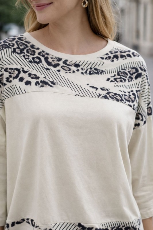 Bluzka Damska oversize Made in Italy kremowa wzór z wiązaniem Uni