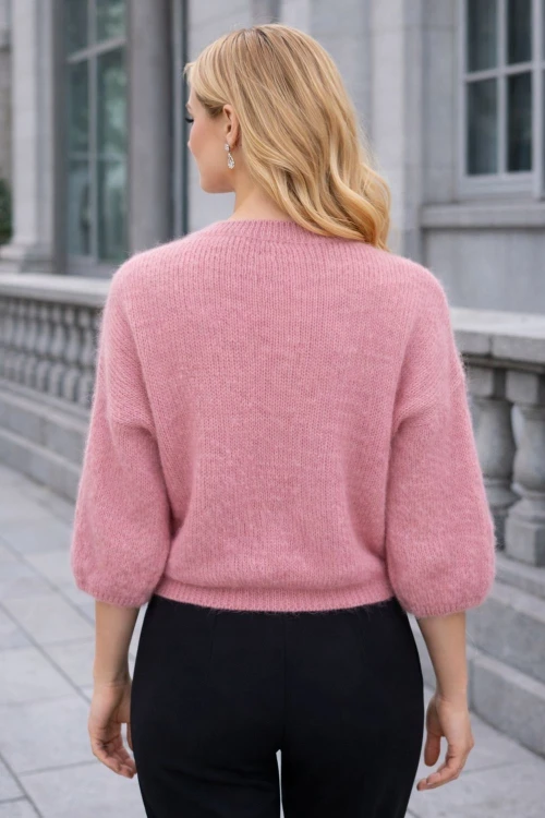 Sweter damski różowy moher 40% z kryształkami elegancki Made in Italy