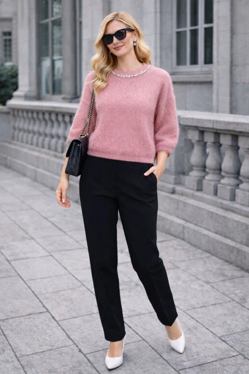 Sweter damski różowy moher 40% z kryształkami elegancki Made in Italy