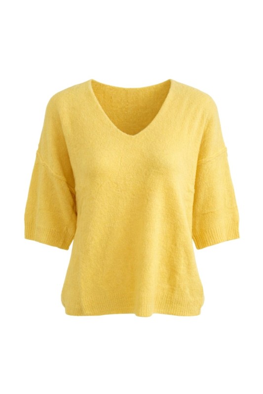 Sweter damski żółty z dekoltem V miękki alpaka Włoski One Size