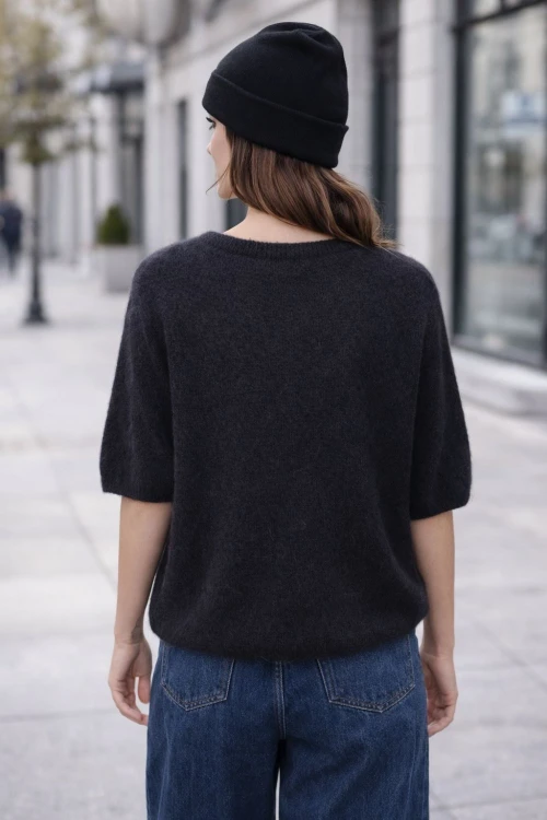 Sweter damski czarny oversize krótki rękaw miękki włoski Uni