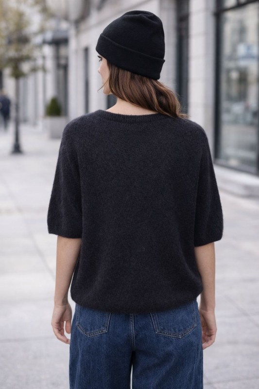 Sweter damski czarny oversize krótki rękaw miękki włoski Uni