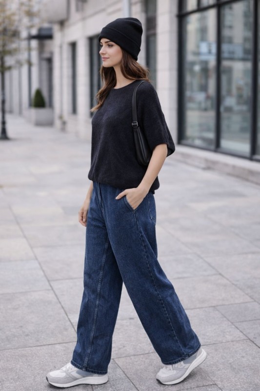 Sweter damski czarny oversize krótki rękaw miękki włoski Uni