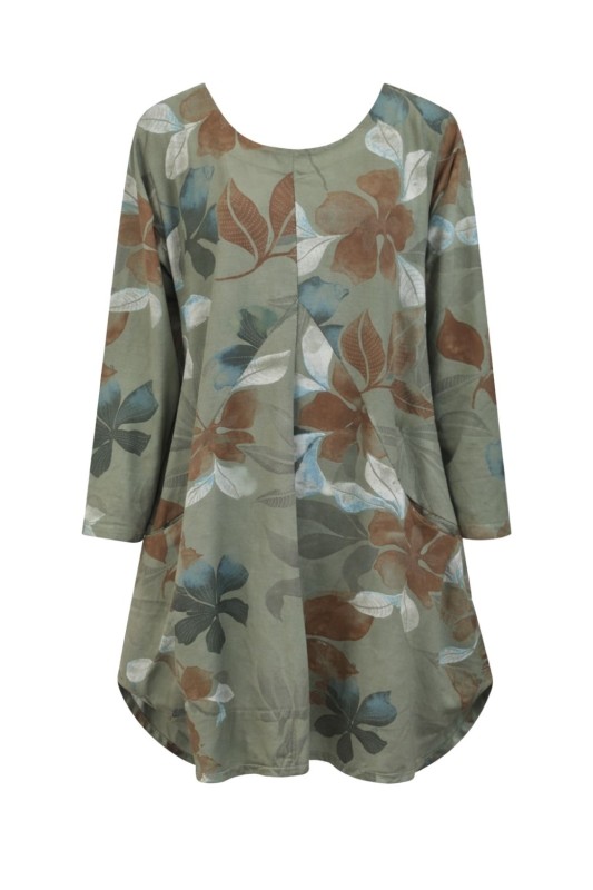 Sukienka tunika damska w kwiaty zielona oversize kieszenie Uni