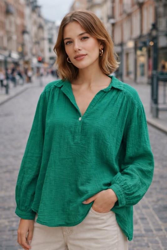 Bluzka damska zielona Bawełna 100% Made in Italy muślin boho Uni
