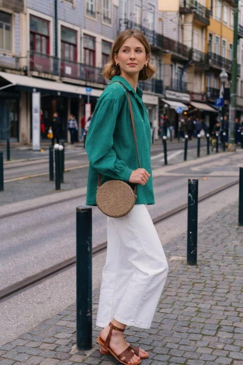 Bluzka damska zielona Bawełna 100% Made in Italy muślin boho Uni