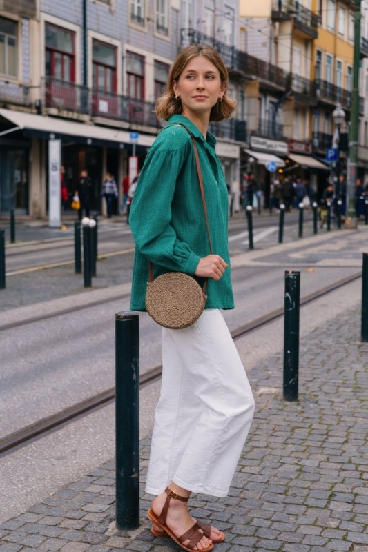 Bluzka damska zielona Bawełna 100% Made in Italy muślin boho Uni