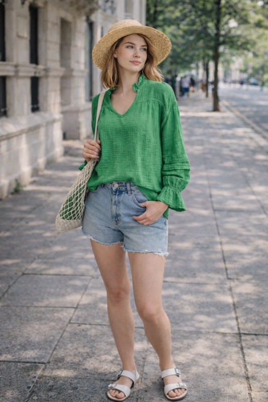 Bluzka damska zielona bawełniana Made in Italy luźna boho One Size