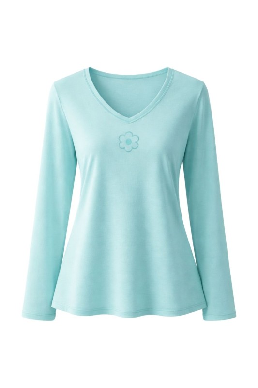 Bluzka damska 100% bawełna turkusowa V-neck długi rękaw Włoska Uni