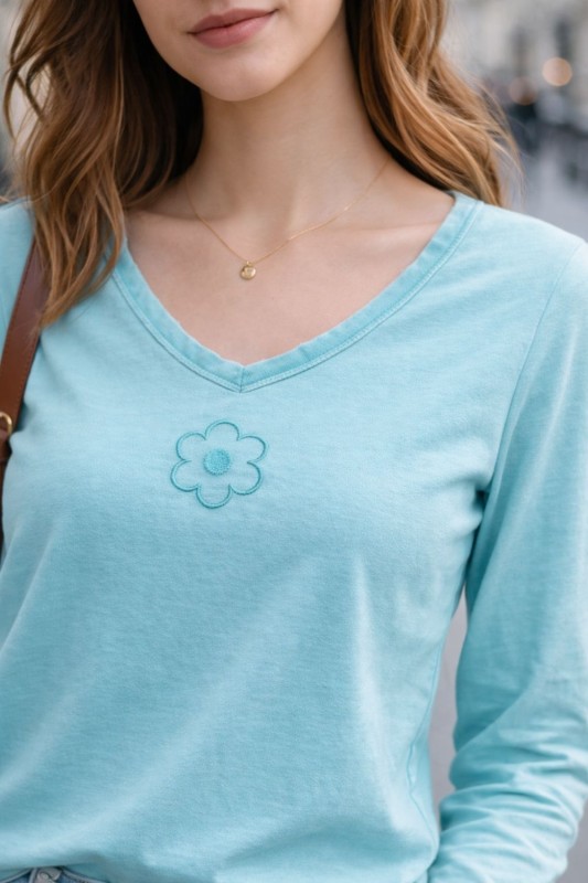 Bluzka damska 100% bawełna turkusowa V-neck długi rękaw Włoska Uni