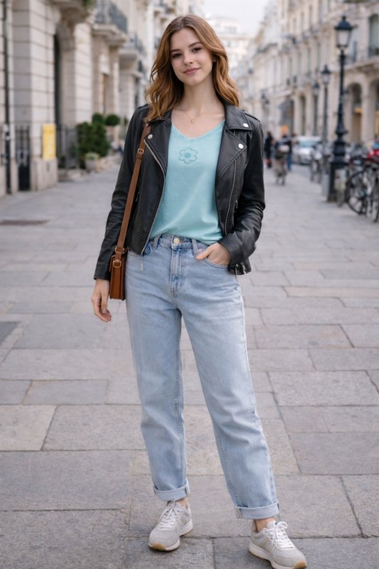Bluzka damska 100% bawełna turkusowa V-neck długi rękaw Włoska Uni