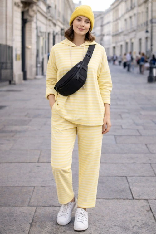 Spodnie damskie żółto-białe paski bawełna Italy casual One Size
