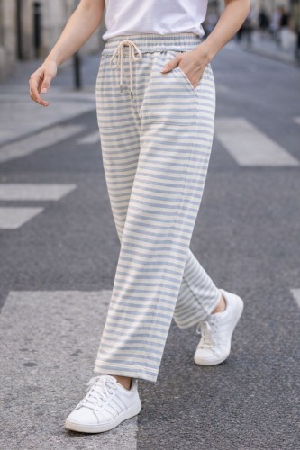 Spodnie damskie szaro-białe paski bawełna Italy casual One Size