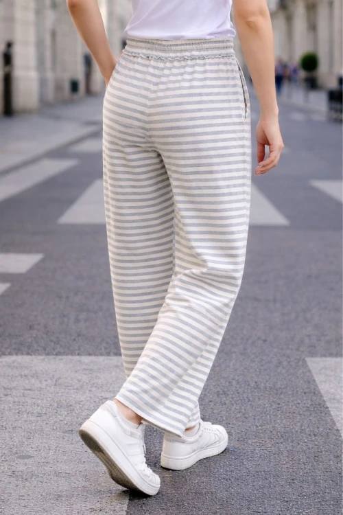 Spodnie damskie szaro-białe paski bawełna Italy casual One Size