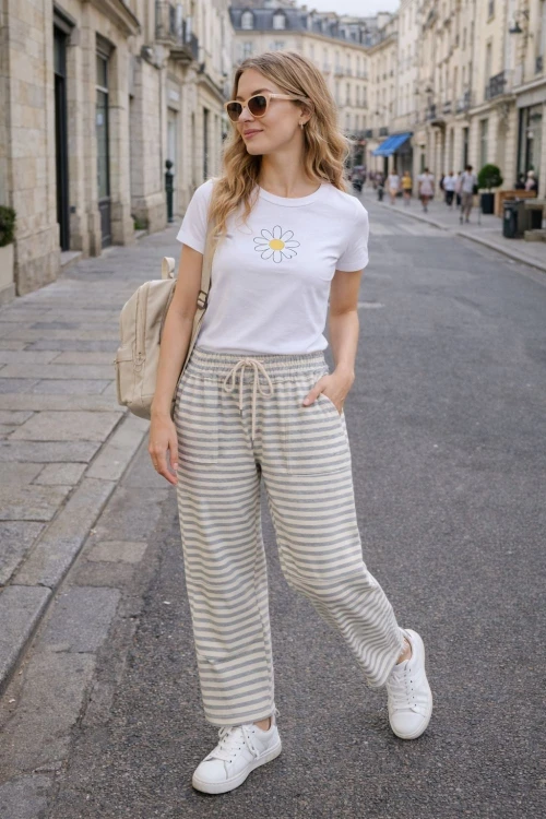 Spodnie damskie szaro-białe paski bawełna Italy casual One Size
