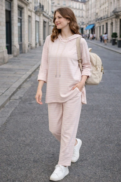 Spodnie damskie różowo-kremowe paski bawełna Italy casual One Size